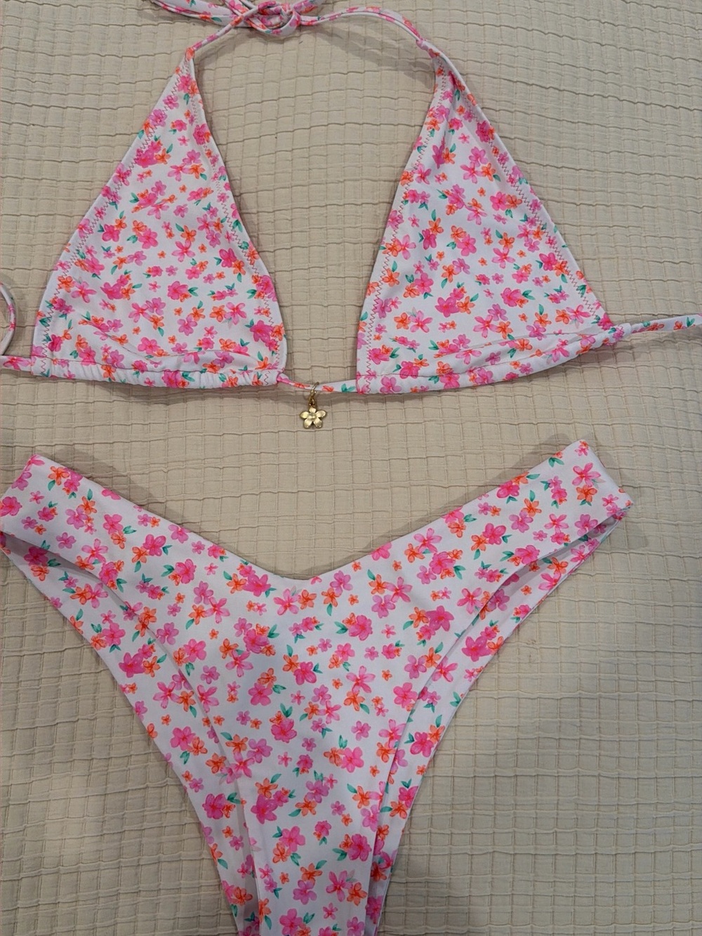 Kulani Kinis Pink Floral Triangle Bikini Set with Gold Charm/ XL top , S bottom